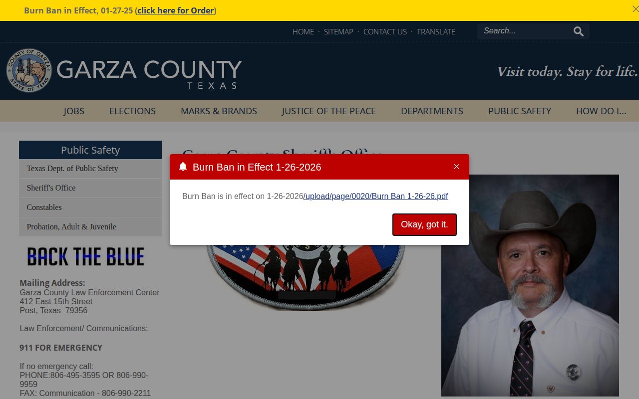 Garza County Jail and sheriff record-contact source